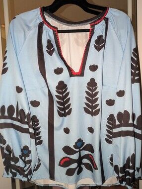 Light Blue Floral Print Peasant Top with Black Accents